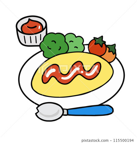 Omelet rice with plenty of ketchup - Line drawing illustration 115500194