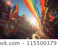 A rainbow of flags are flying in the air, with people walking down the street 115500379