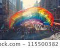 A rainbow flag is being carried by a crowd of people in a city 115500382