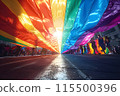 A rainbow flag is being held by a group of people 115500396
