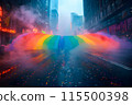 A rainbow is falling from the sky over a city street 115500398