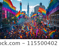 A large crowd of people are holding rainbow flags and walking down a street 115500402