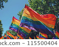 A group of people holding rainbow flags in the air 115500404