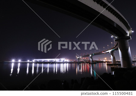 Factory night view and road over the sea Factory night view and road over the sea 115500481
