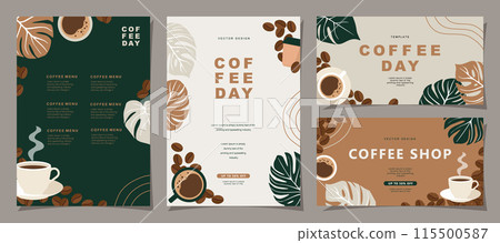 Set of sketch banners with coffee beans and leaves on minimal background for invitations, cards, banner, poster, cover, cafe menu or another template design. vector illustration. 115500587