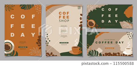 Set of sketch banners with coffee beans and leaves on minimal background for invitations, cards, banner, poster, cover, cafe menu or another template design. vector illustration. 115500588
