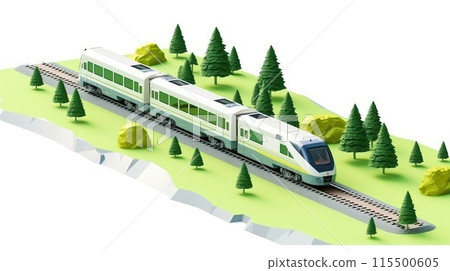 Isometric illustration of a modern train with driver's cabin and carriages.  115500605