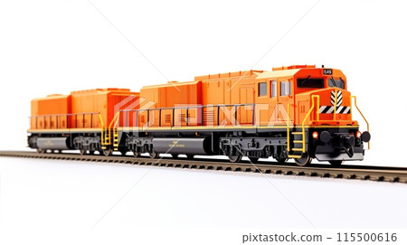 Modern Yellow Freight Train on Railway Tracks. Locomotive isolated on a white background 115500616