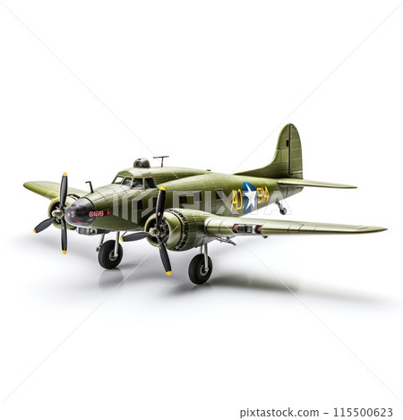 High-quality miniature model of a vintage WWII military aircraft bomber isolated. Green plane 115500623