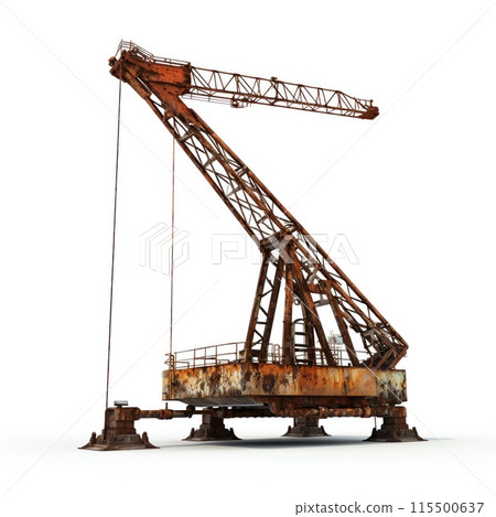 An old, rusty industrial crane on a construction site isolated on a white background An old, rusty industrial crane on a construction site isolated on a white background 115500637