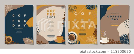 Set of sketch banners with coffee beans and leaves on minimal background for invitations, cards, banner, poster, cover, cafe menu or another template design. vector illustration. 115500650