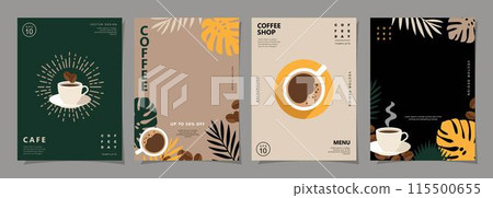 Set of sketch banners with coffee beans and leaves on minimal background for invitations, cards, banner, poster, cover, cafe menu or another template design. vector illustration. 115500655