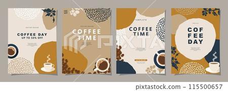 Set of sketch banners with coffee beans and leaves on minimal background for invitations, cards, banner, poster, cover, cafe menu or another template design. vector illustration. 115500657