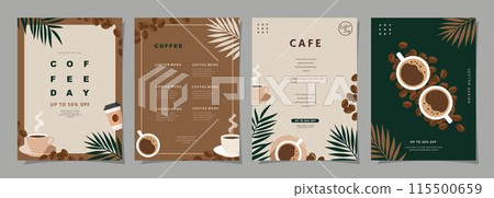 Set of sketch banners with coffee beans and leaves on minimal background for invitations, cards, banner, poster, cover, cafe menu or another template design. vector illustration. Set of sketch banners with coffee beans and leaves on minimal background for invitations, cards, banner, poster, cover, cafe menu or another template design. vector illustration. 115500659