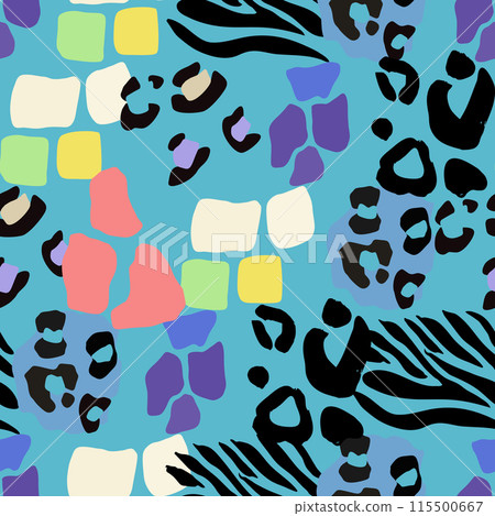 Textile art featuring colorful leopard print on a zebra background Textile art featuring colorful leopard print on a zebra background 115500667