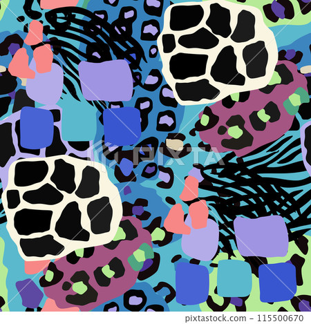 Textile art featuring colorful leopard print on a zebra background 115500670