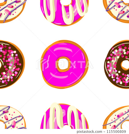 Seamless donut pattern on white background with various pink and chocolate toppings Seamless donut pattern on white background with various pink and chocolate toppings 115500809