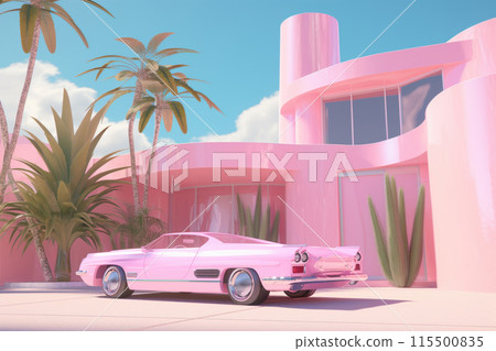 A luxury retro car and a beautiful pink dollhouse  115500835