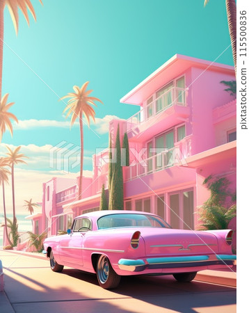 A luxury retro car and a beautiful pink dollhouse A luxury retro car and a beautiful pink dollhouse 115500836