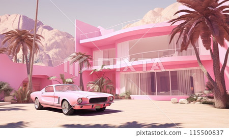 A luxury retro car and a beautiful pink dollhouse A luxury retro car and a beautiful pink dollhouse 115500837