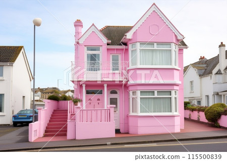 A beautiful pink dollhouse building. The cottage  115500839