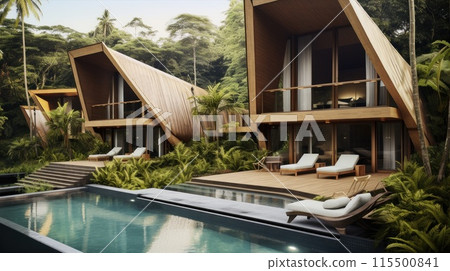 A spa hotel in the jungle. A relaxation area by the pool A spa hotel in the jungle. A relaxation area by the pool 115500841