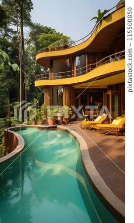 A house with a swimming pool in front, surrounded by palms. Luxury villa resort in the jungle 115500850