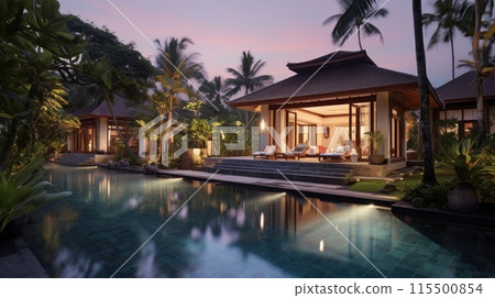 A spacious house with a pool in front, framed by palm 115500854