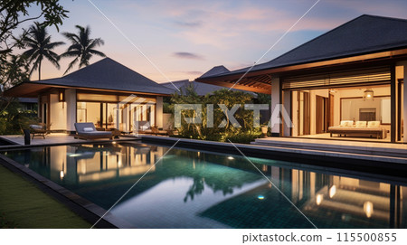 A spacious house with a pool in front, framed by palm 115500855