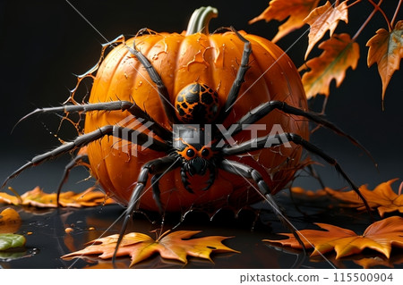 Halloween, black spider with web and big orange pumpkin 115500904