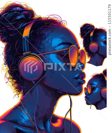 Vintage Illustrator style stickers vector designed in bright neon colors. Referring to 80s dance music, it showcases chic black African women. Wear headphones and sunglasses placed on a white bg. 115501179