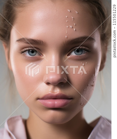 Close-up of the young model's face. Natural makeup  115501229