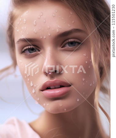 Close-up of the young model's face. Natural makeup  115501230