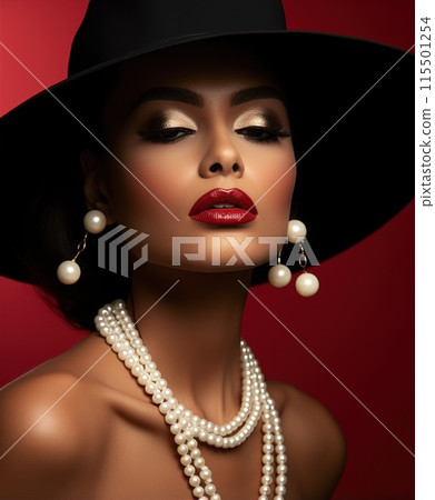 Beautiful brunette woman in a black hat with red lips. Beautiful brunette woman in a black hat with red lips. 115501254