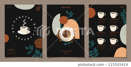 Set of sketch banners with coffee beans on minimal background for invitations, cards, banner, poster, cover, cafe menu or another template design. vector illustration. 115501424