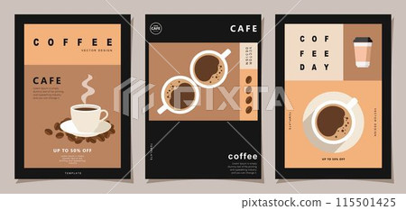 Set of sketch banners with coffee beans on minimal background for invitations, cards, banner, poster, cover, cafe menu or another template design. vector illustration. 115501425