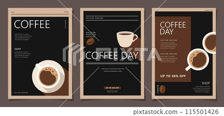 Set of sketch banners with coffee beans on minimal background for invitations, cards, banner, poster, cover, cafe menu or another template design. vector illustration. 115501426