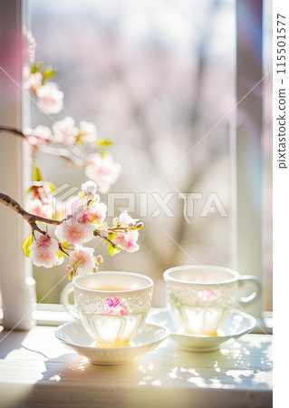 Cups of tea and a bouquet of beautiful flowers. Refined vintage cups 115501577