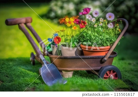Wheelbarrow with flowers and gardening equipment Wheelbarrow with flowers and gardening equipment 115501617