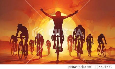 Group of cyclists in a race, with one rider triumphantly crossing the finish line. Illustration, banner. Tour de France 115501659