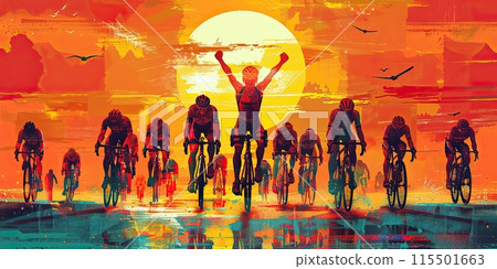 Silhouettes of cyclists racing against a vibrant sunset backdrop. Central figure appears to be the winner, riding with arms raised in victory. Tour de France Silhouettes of cyclists racing against a vibrant sunset backdrop. Central figure appears to be the winner, riding with arms raised in victory. Tour de France 115501663