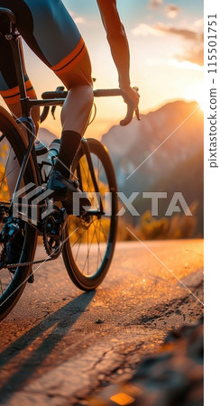 Close-up of a cyclist legs pedaling a road bike with a scenic sunset background. Cropped vertical image. Tour de France 115501751