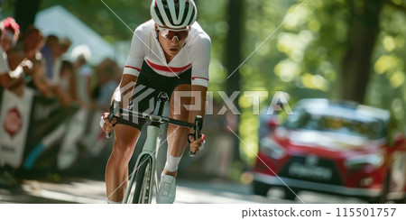 Athletic cyclist racing past spectators, equipped with performance attire and racing bicycle. Champion. Tour de France Athletic cyclist racing past spectators, equipped with performance attire and racing bicycle. Champion. Tour de France 115501757