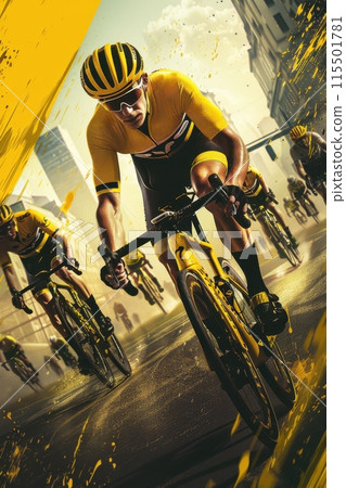 Poster for Tour de France competition. Focused men, cyclist in motion riding along empty streets, competing for the victory. 115501781