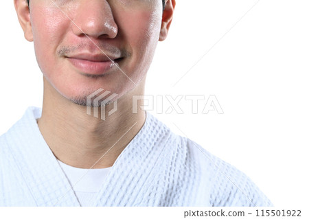 Man man face after CO2 laser treatment standing isolate on white background. Aesthetic face treatment concept Man man face after CO2 laser treatment standing isolate on white background. Aesthetic face treatment concept 115501922