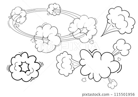 Comic speed motion effect, clouds way, trail set fast wind swirl, puff poof elements isolated on white background. Blow explosion Comic speed motion effect, clouds way, trail set fast wind swirl, puff poof elements isolated on white background. Blow explosion 115501956