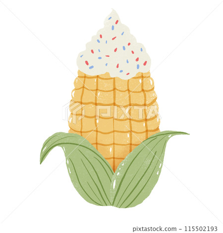 Corn of a cob with Sprinkles Hand drawn Illustration Colored Pencil Crayon Style Independence Day 4th of July American Food isolated clip art elements for holiday decoration and celebration design  115502193