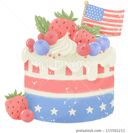 Berries Cake with American Flag Hand drawn Illustration Colored Pencil Crayon Style Independence Day 4th of July American Food isolated clip art elements for holiday decoration and celebration design  115502211