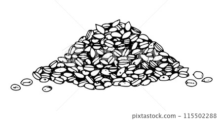 Bunch of Wheat Grains Vector hand drawn illustration. Barley pile sketch drawing. Vintage white and black line art on background. Clipart of rye heap for bakery graphic design. For food packaging 115502288