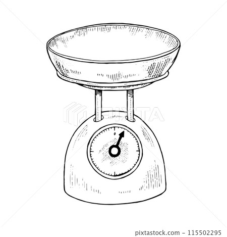 Kitchen Scale Vector hand drawn illustration. Food weight measurement. Vintage white and black line art drawing on background. Clipart of empty balance for graphic design. Retro style cooking element 115502295